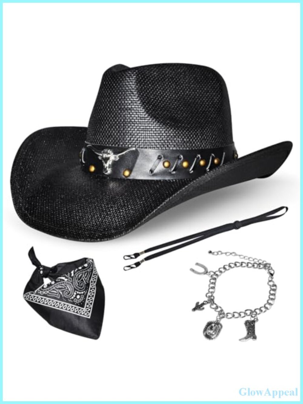 Synthetic Straw Cowboy Hat Wide Brim Western with Bandana
